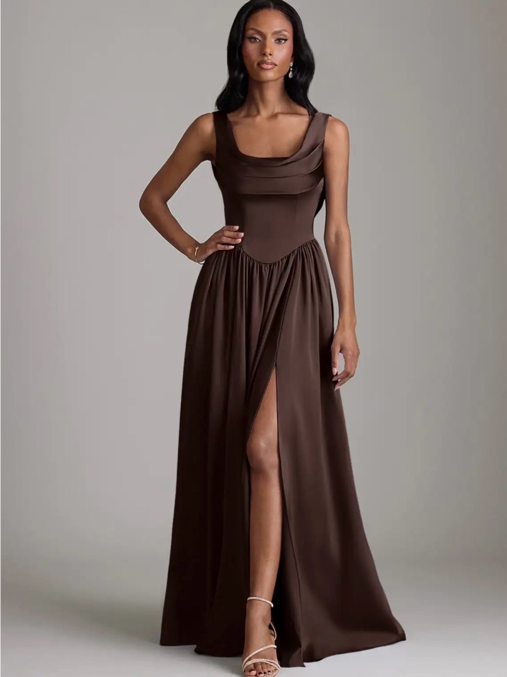 Azazie Novi Stretch Satin Ganache Cowl Neck Maxi Gown - Picture 5 of 7